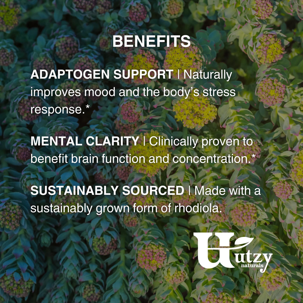 Utzy Naturals Rhodiola bottle top close-up with easy dosing.