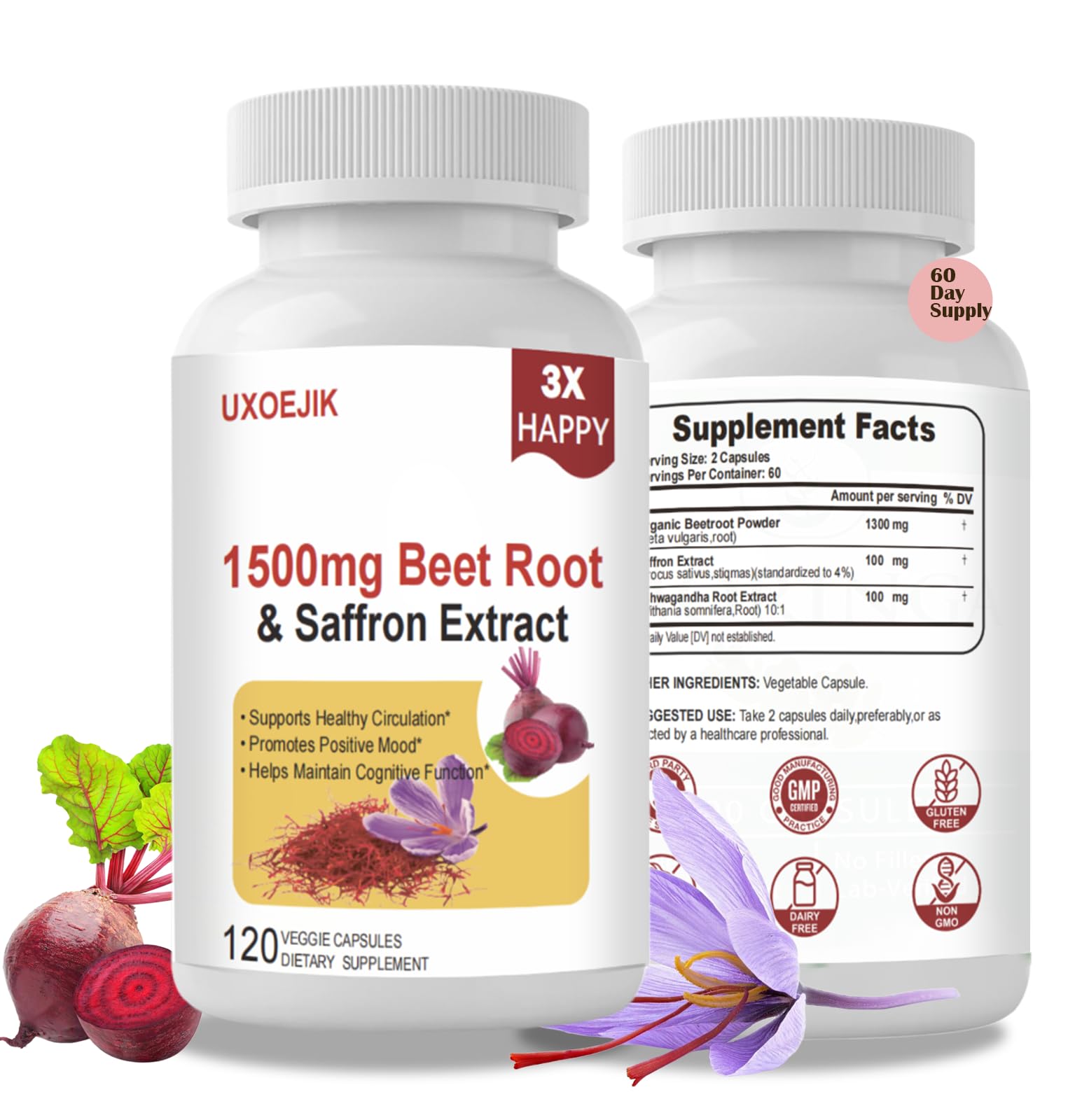 UXOEJIK saffron-beetroot-ashwagandha capsules bottle for daily mood and energy.