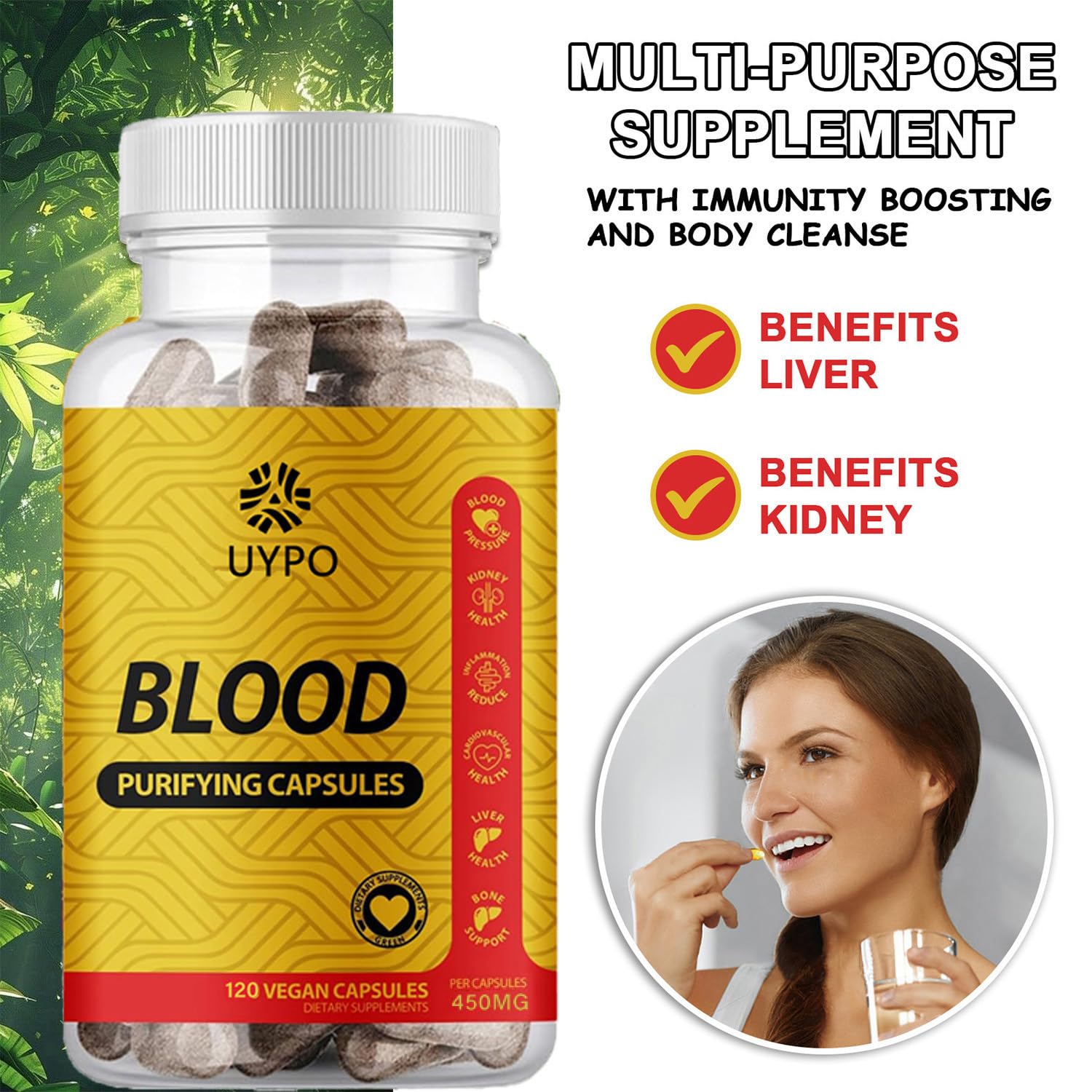 UYPO Blood Purifying Capsules ingredients label close-up with GMO-free claim