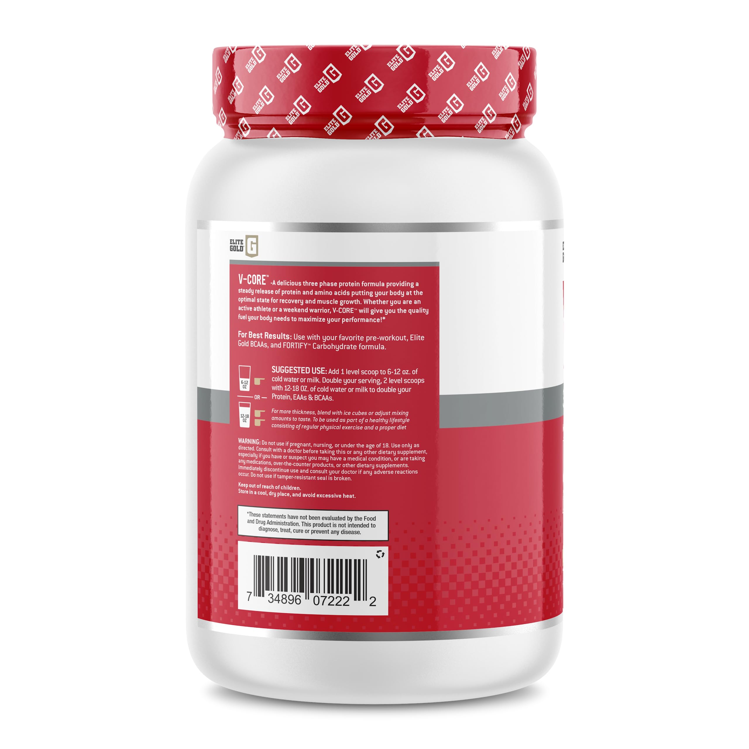 V-Core Protein ingredients graphic with whey, milk, and casein highlights.