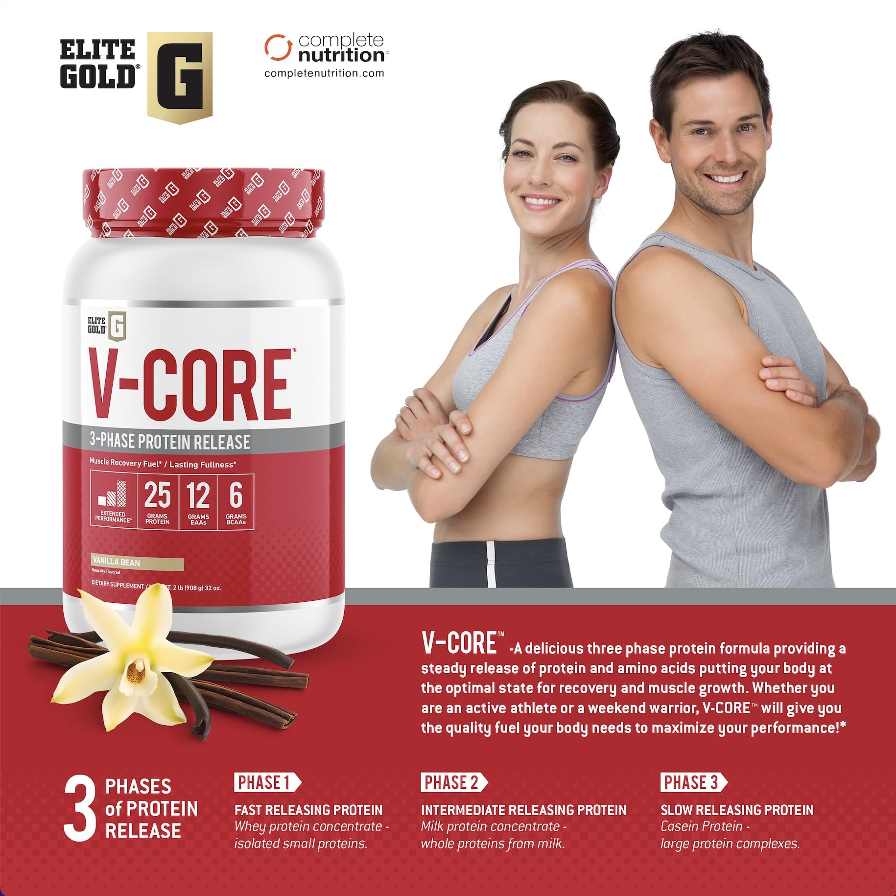 V-Core Protein Vanilla serving graphic suggests versatile uses in shakes or meals.