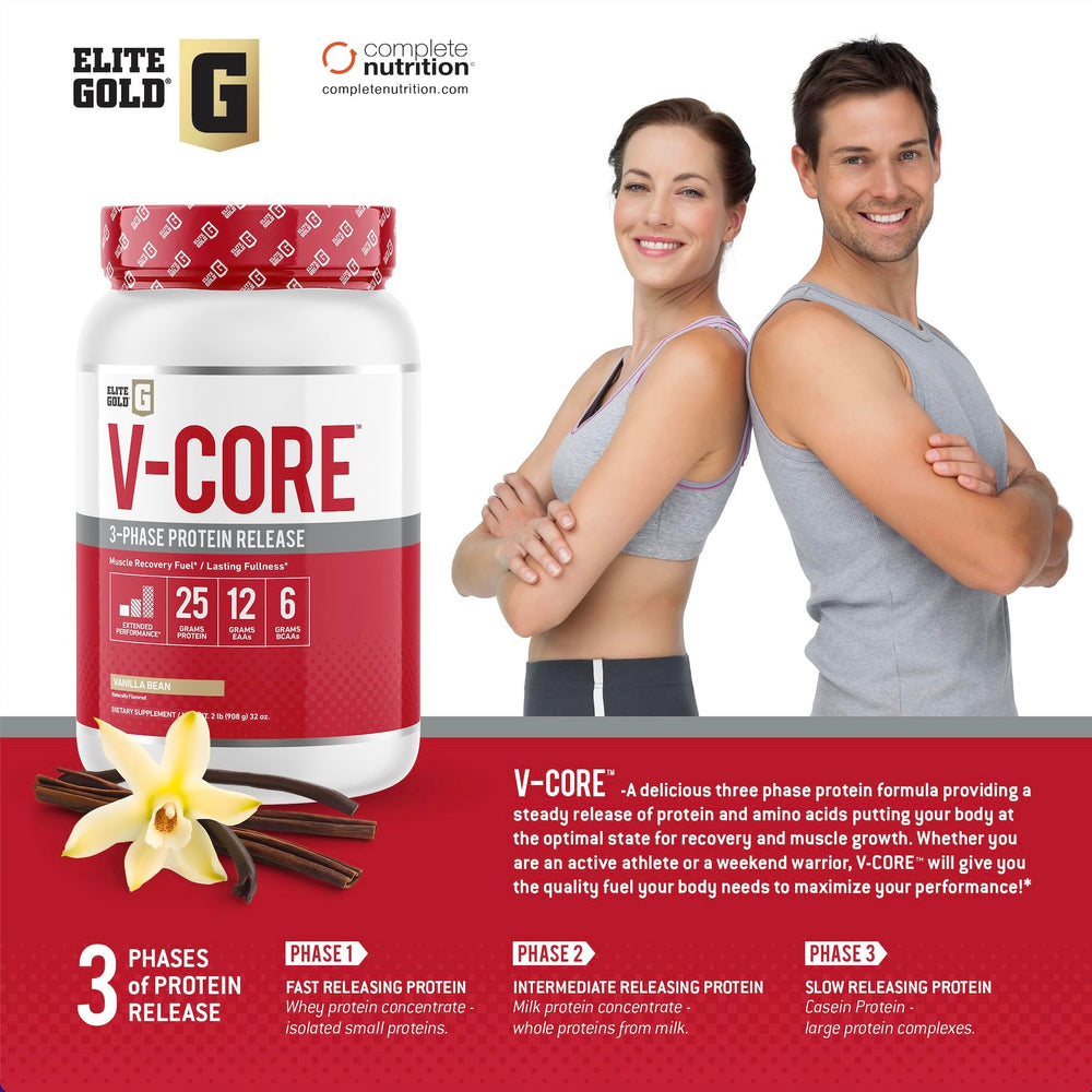 V-Core Protein Vanilla serving graphic suggests versatile uses in shakes or meals.