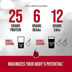 V-Core Protein Vanilla tub with scoop demonstrates convenient daily serving sizes.