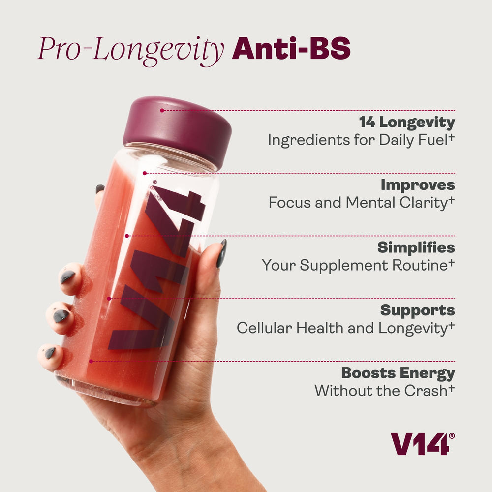 V14 Daily Longevity Reds ingredients closeup emphasizing NMNH, Spermidine, and antioxidants.