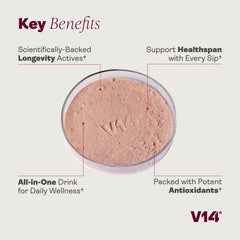 V14 Daily Longevity Reds packaging front highlighting compact pouch and serving count.