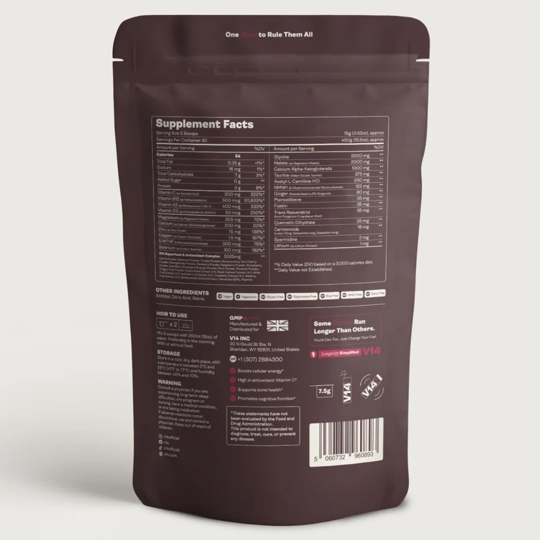 V14 Daily Longevity Reds powder scoop showing easy serving for consistent daily intake.