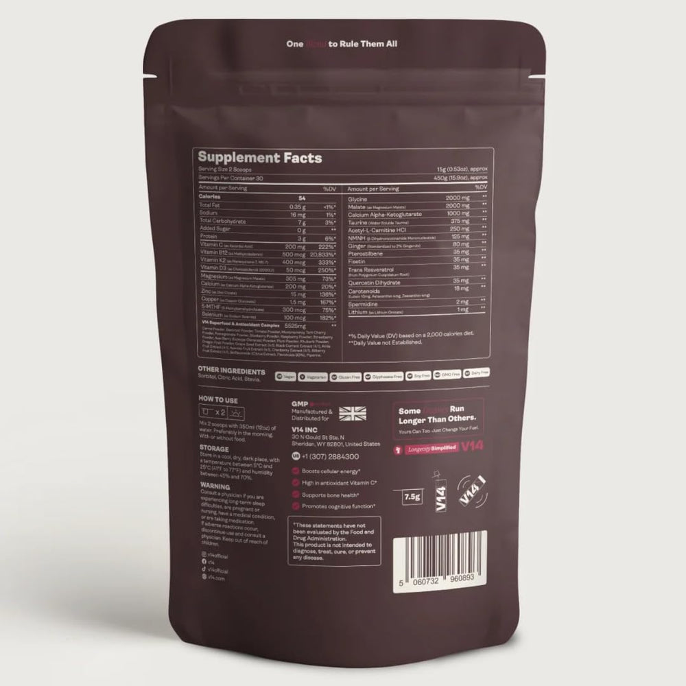 V14 Daily Longevity Reds powder scoop showing easy serving for consistent daily intake.