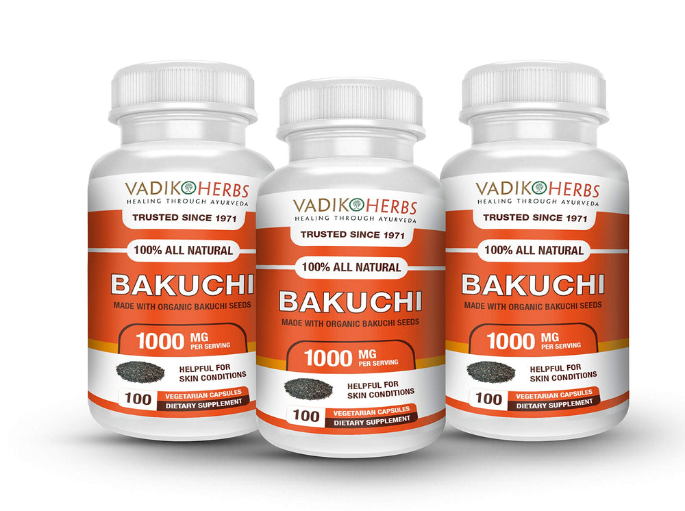 Vadik Herbs Bakuchi bottle pour, highlighting convenient capsules for skin support