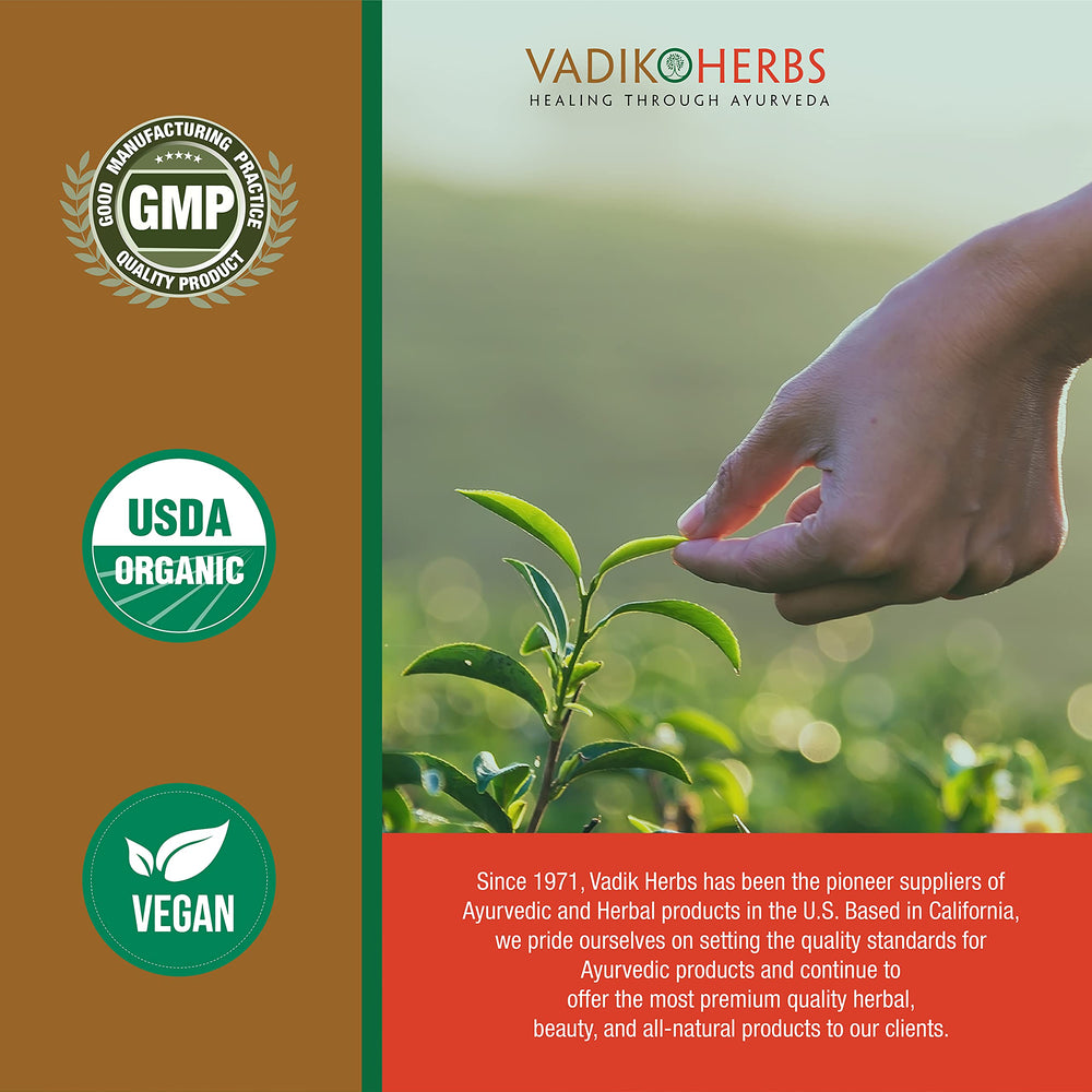 Vadik Herbs Bakuchi label detail, noting certified organic quality