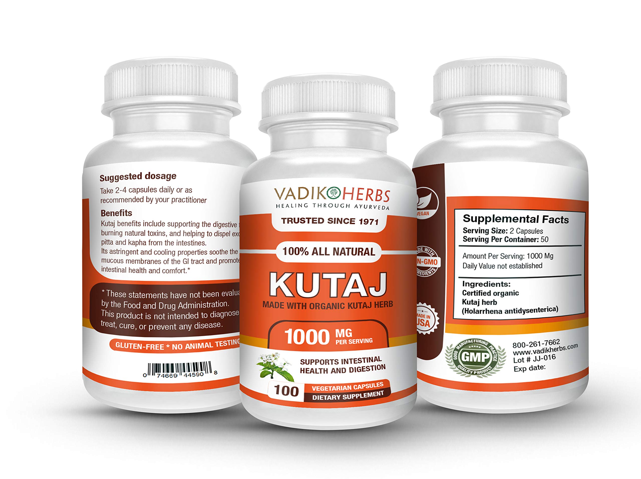 Vadik Herbs Kutaj powder packaging label detail highlights organic certification for purity