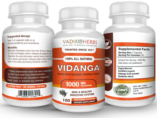 Vidanga powder packaging by Vadik Herbs, easy to mix into routines.