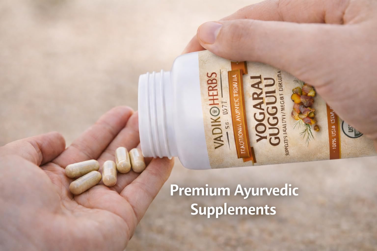 Vegan capsules of Vadik Herbs Yogaraj Guggulu for plant-based lifestyles
