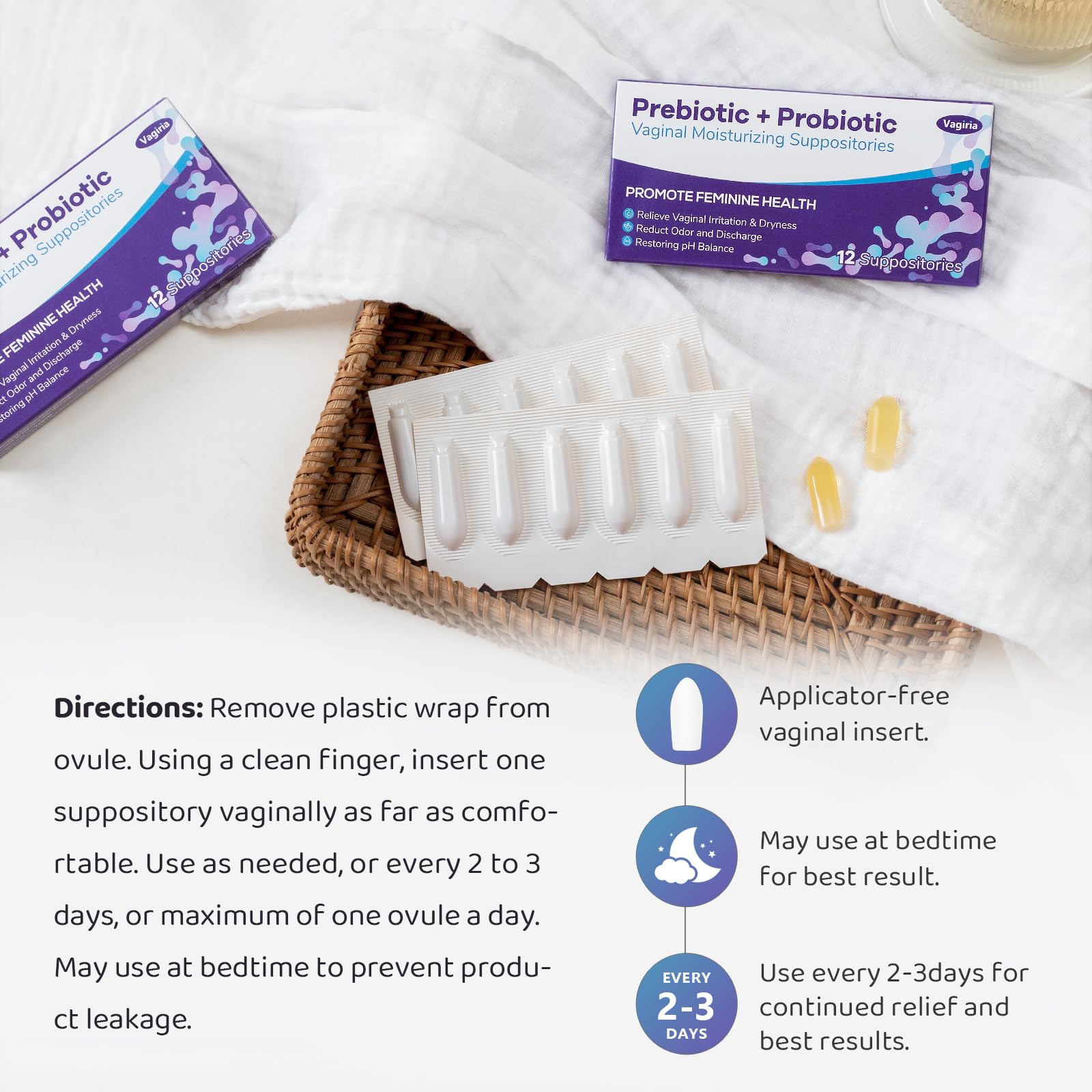 Vagiria hyaluronic acid and oils providing surface moisture.
