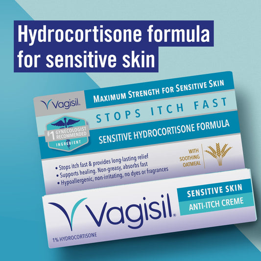Vagisil Anti-Itch Cream jar closeup shows gentle formula for sensitive skin.