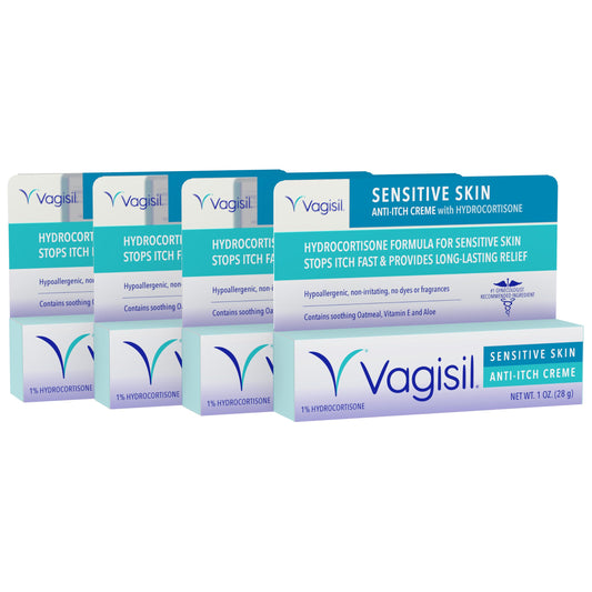 Vagisil Sensitive Skin Anti-Itch Cream bottle pour provides soothing relief.
