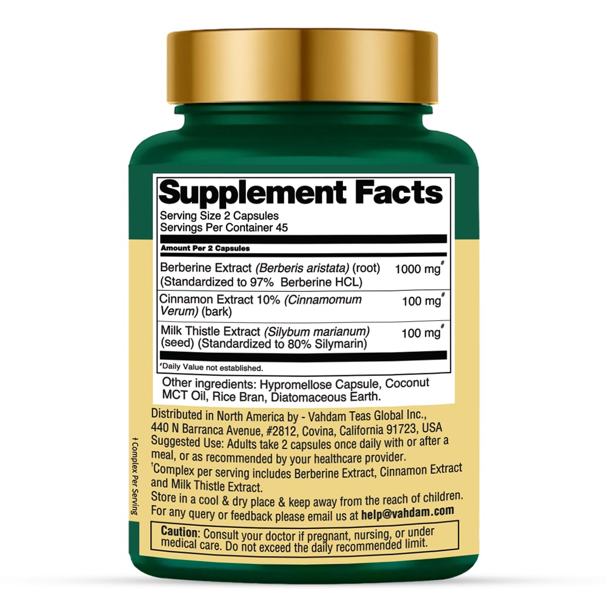 VAHDAM Berberine label closeup showing cinnamon and milk thistle ingredients