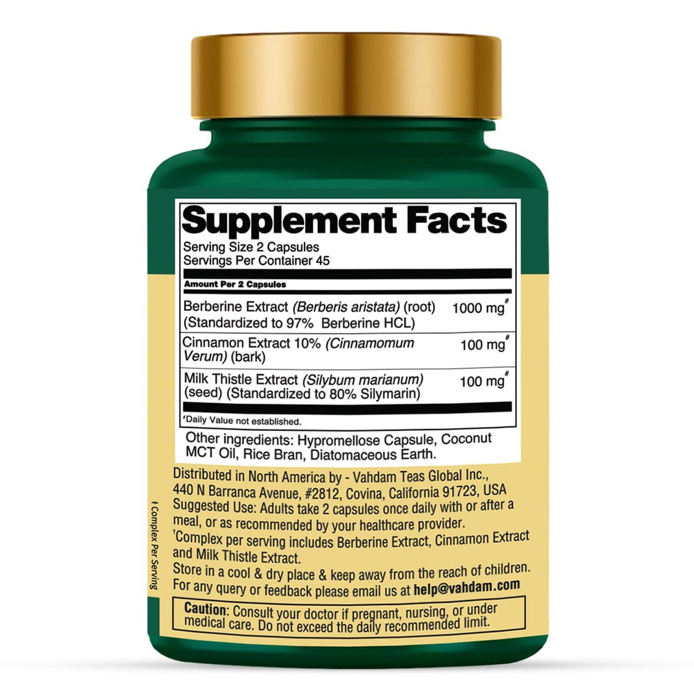 VAHDAM Berberine label closeup showing cinnamon and milk thistle ingredients