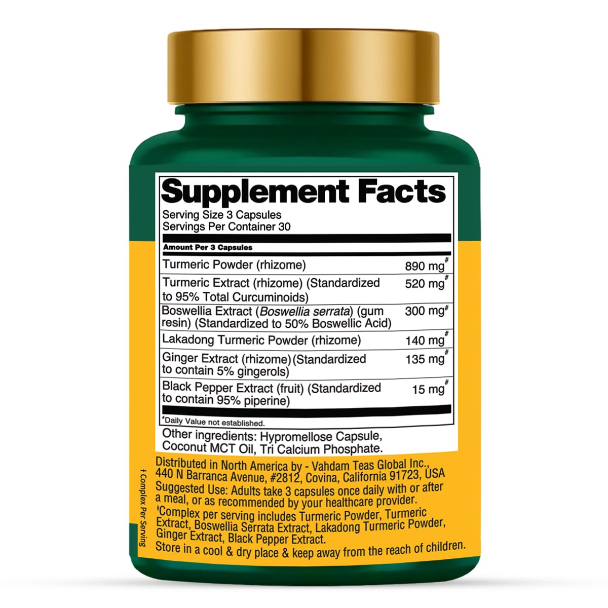 VAHDAM Turmeric Curcumin bottle label shows 90 capsules and 2000mg strength