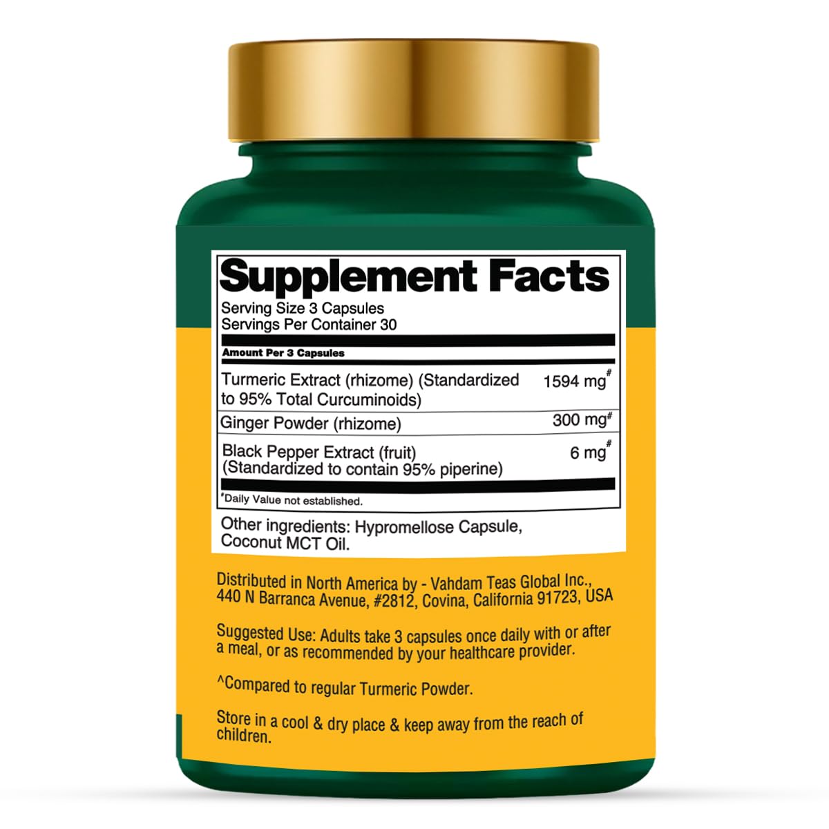 VAHDAM turmeric-ginger capsules closeup showing premium blend and capsules