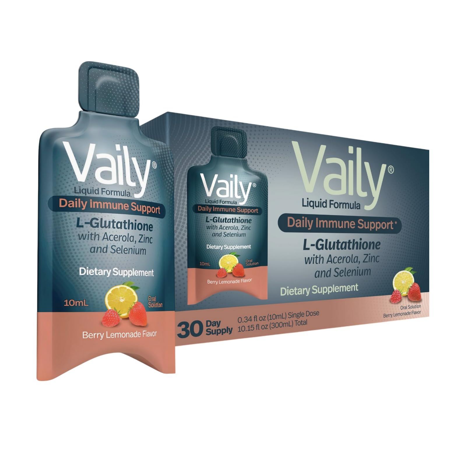 Vaily Immune Support bottle and vials for daily antioxidant support.