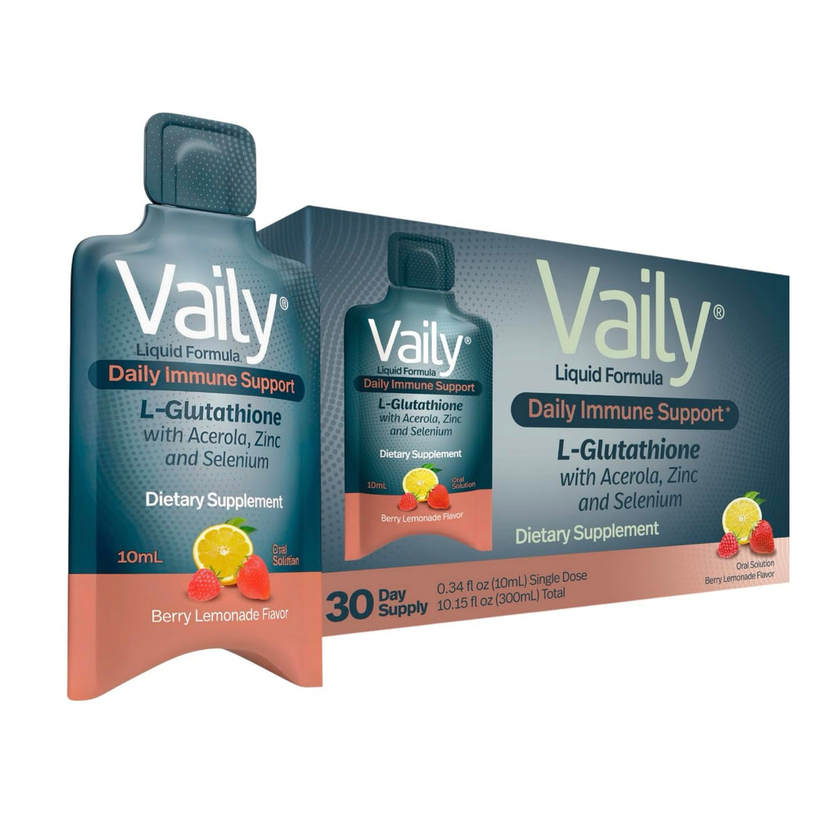 Vaily Immune Support bottle and vials for daily antioxidant support.