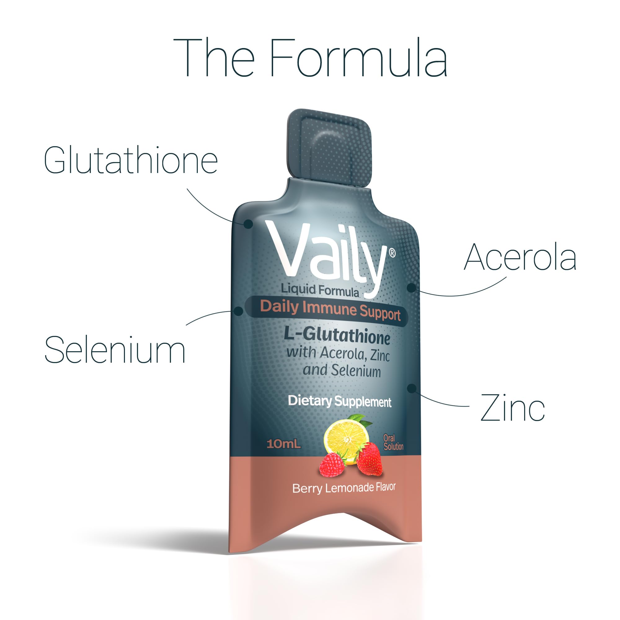 Close-up of Vaily liquid glutathione vial emphasizing fast absorption.