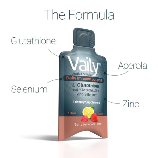 Close-up of Vaily liquid glutathione vial emphasizing fast absorption.