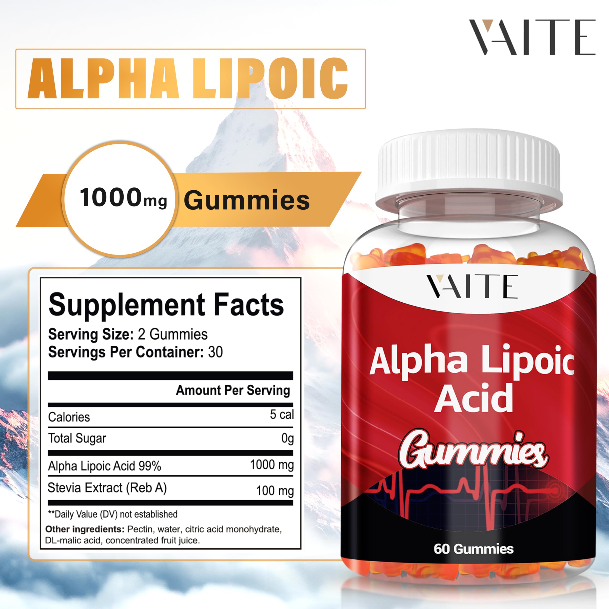 VAITE Alpha Lipoic Acid Gummies chew-closeup highlighting chewy texture and antioxidant support.