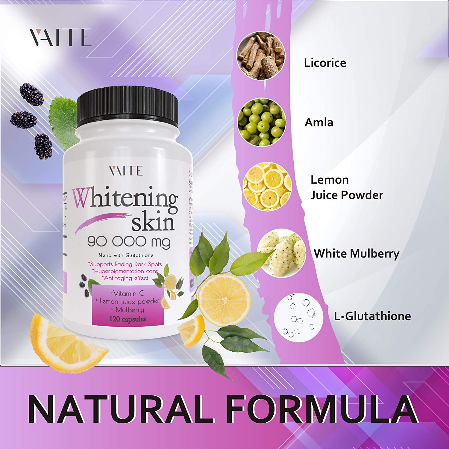VAITE Glutathione plant extracts label with white mulberry and lemon powder for radiance