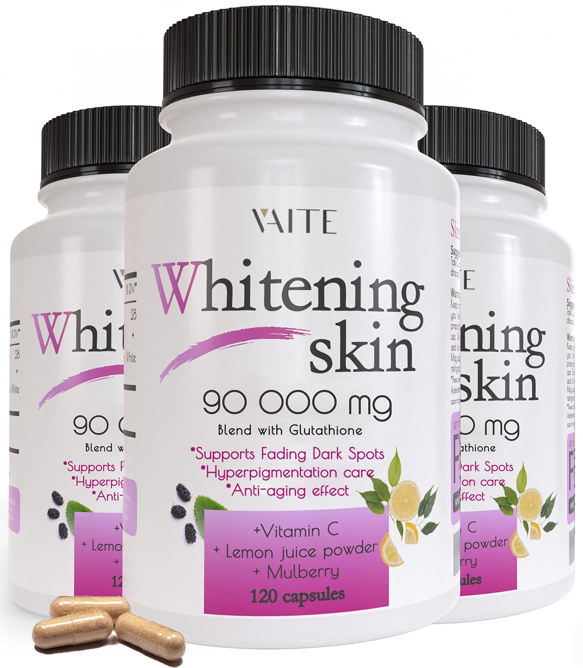 VAITE Glutathione Whitening Pills bottle front view showing the product for radiant-looking skin support