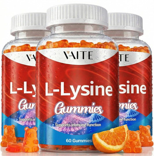 VAITE L-Lysine gummies bottle front showing vegan, gluten-free formula for adults.