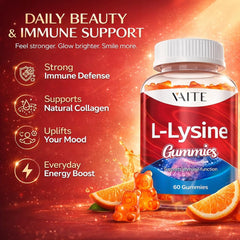 VAITE L-Lysine gummies bottle side panel highlights vegan, arginine-free formulation.