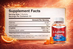 Close-up of VAITE L-Lysine gummies with chewy texture and vibrant color for daily use.