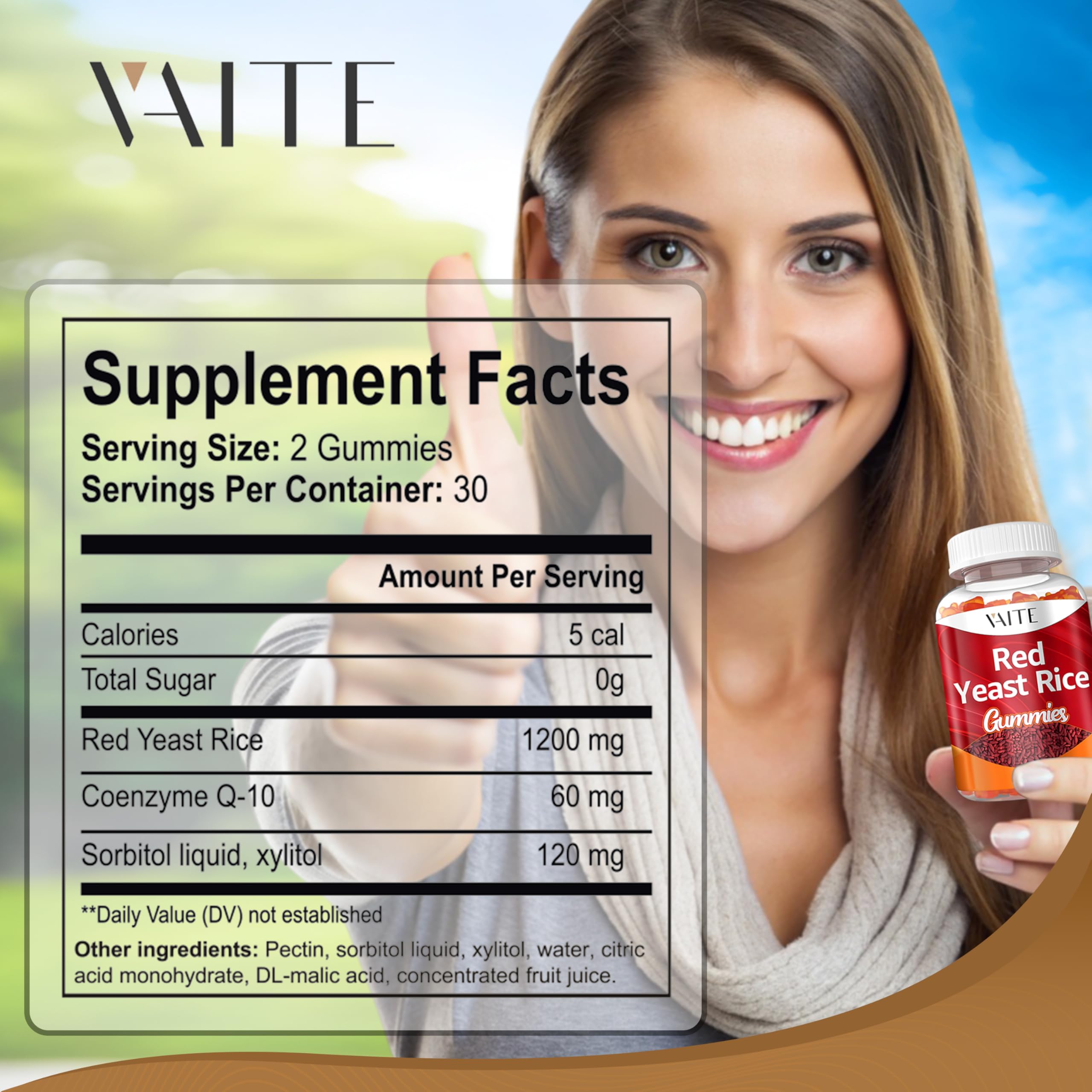 VAITE red yeast rice gummies pack-front shows 60 mg CoQ10 per serving