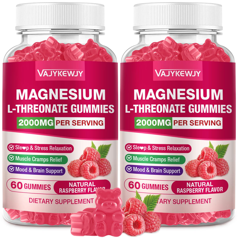 VAJYKEWJY magnesium L-Threonate gummies bottle with raspberry flavor for brain and muscle support.