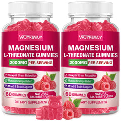 VAJYKEWJY magnesium L-Threonate gummies bottle with raspberry flavor for brain and muscle support.