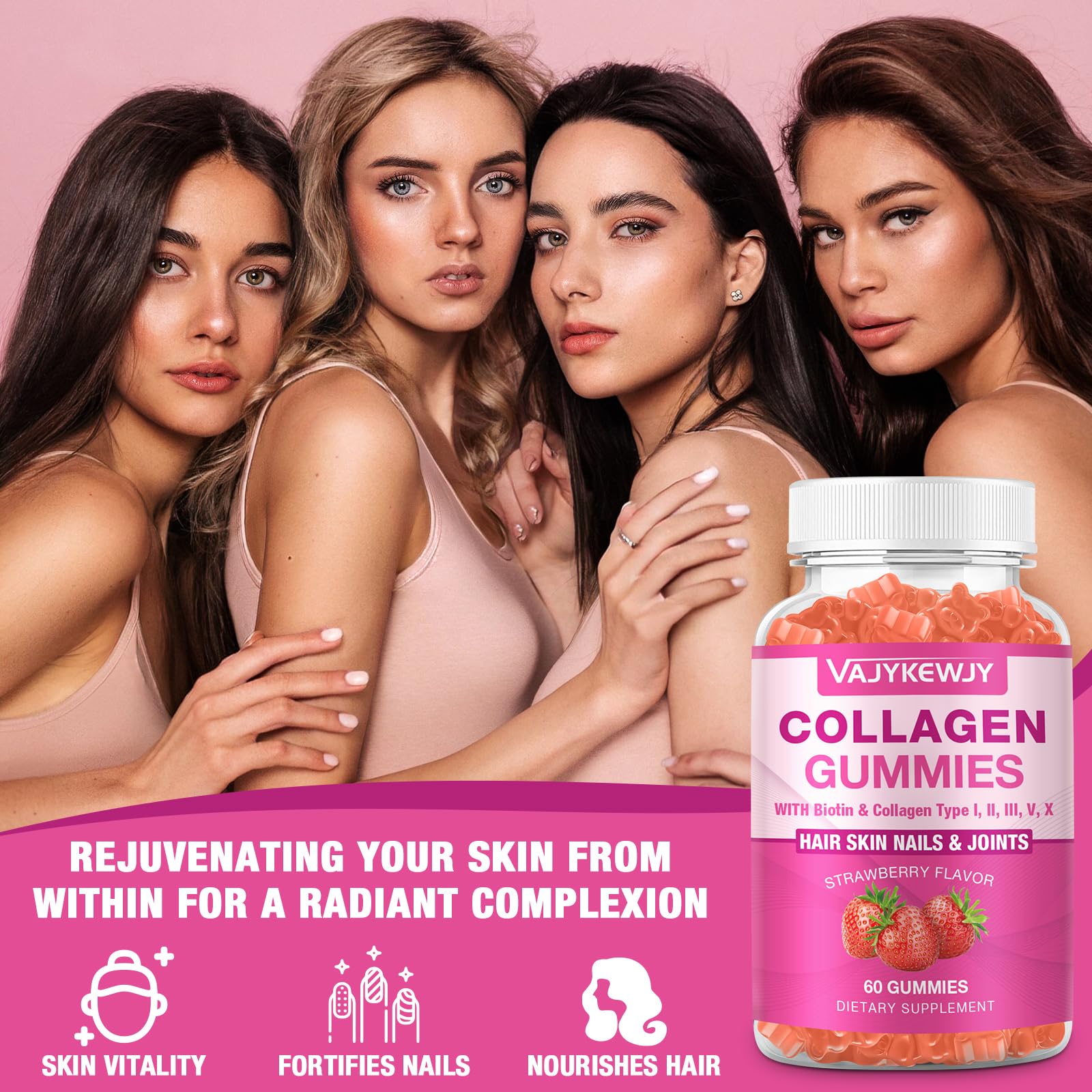 VAJYKEWJY biotin vitamin panel highlights nutrient blend for skin, hair, and nails.