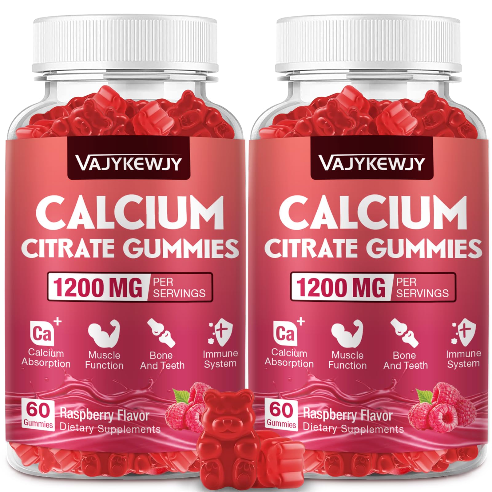 VAJYKEWJY calcium citrate gummies bottle front with raspberry flavor