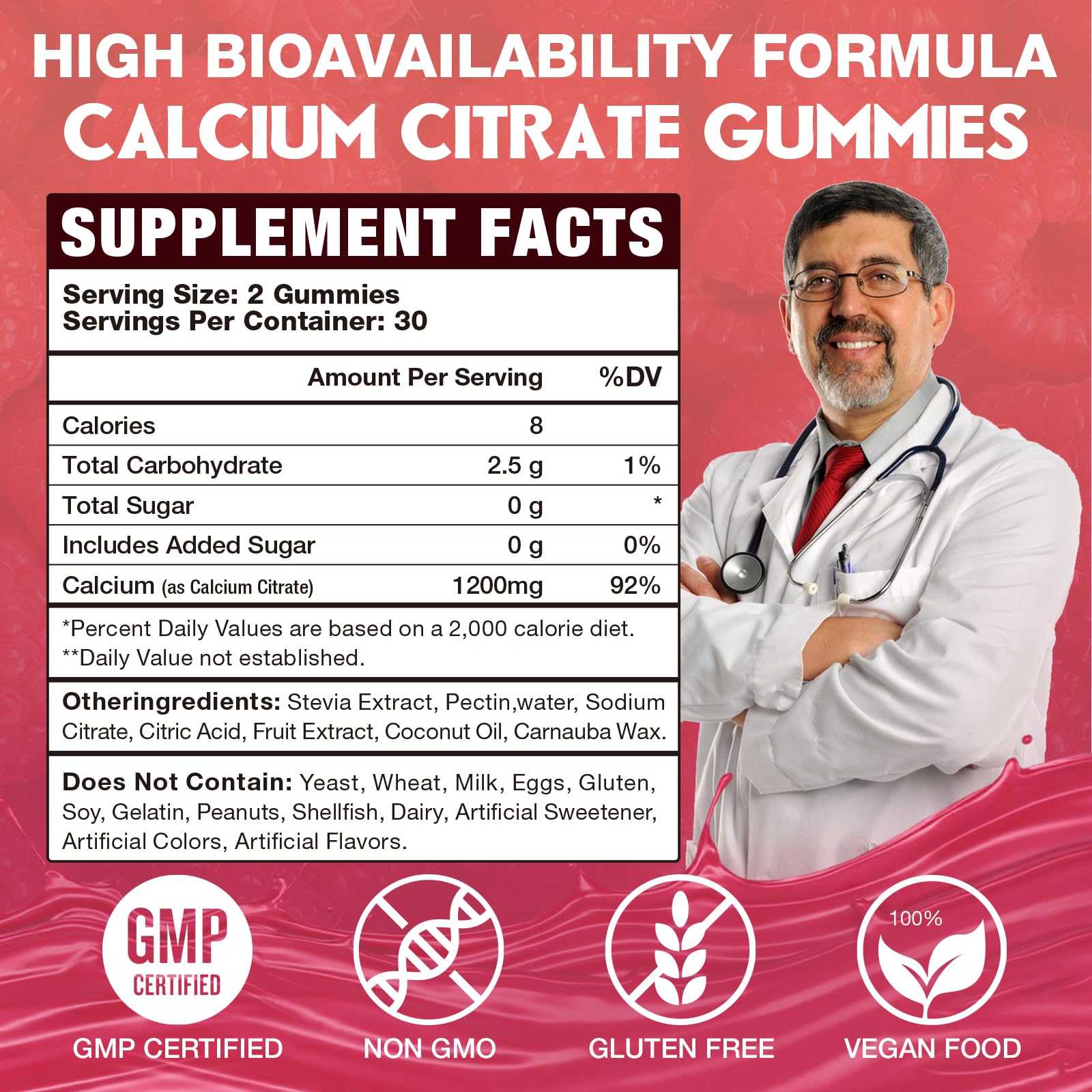 VAJYKEWJY calcium citrate gummies close-up highlighting chewy texture and raspberry taste