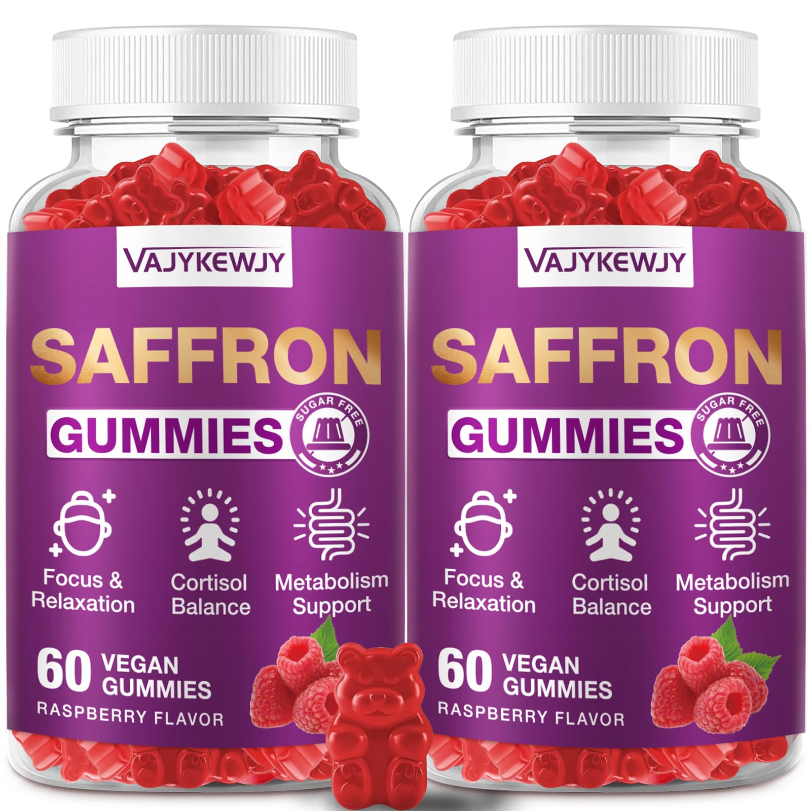 VAJYKEWJY Saffron Gummies bottle showing mood support and focus potential