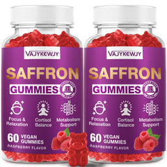 VAJYKEWJY Saffron Gummies bottle showing mood support and focus potential