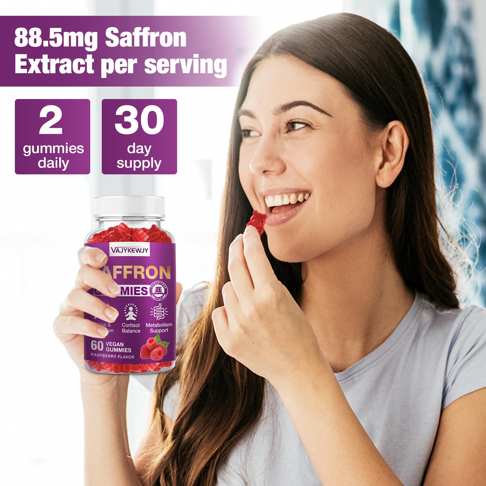 VAJYKEWJY Saffron Gummies natural flavor in bright packaging