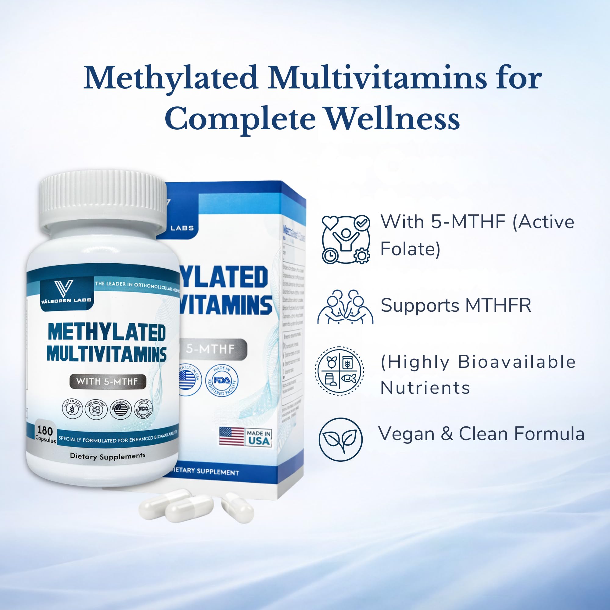 Valboren Labs active folate 5-MTHF capsules ready for absorption and use.