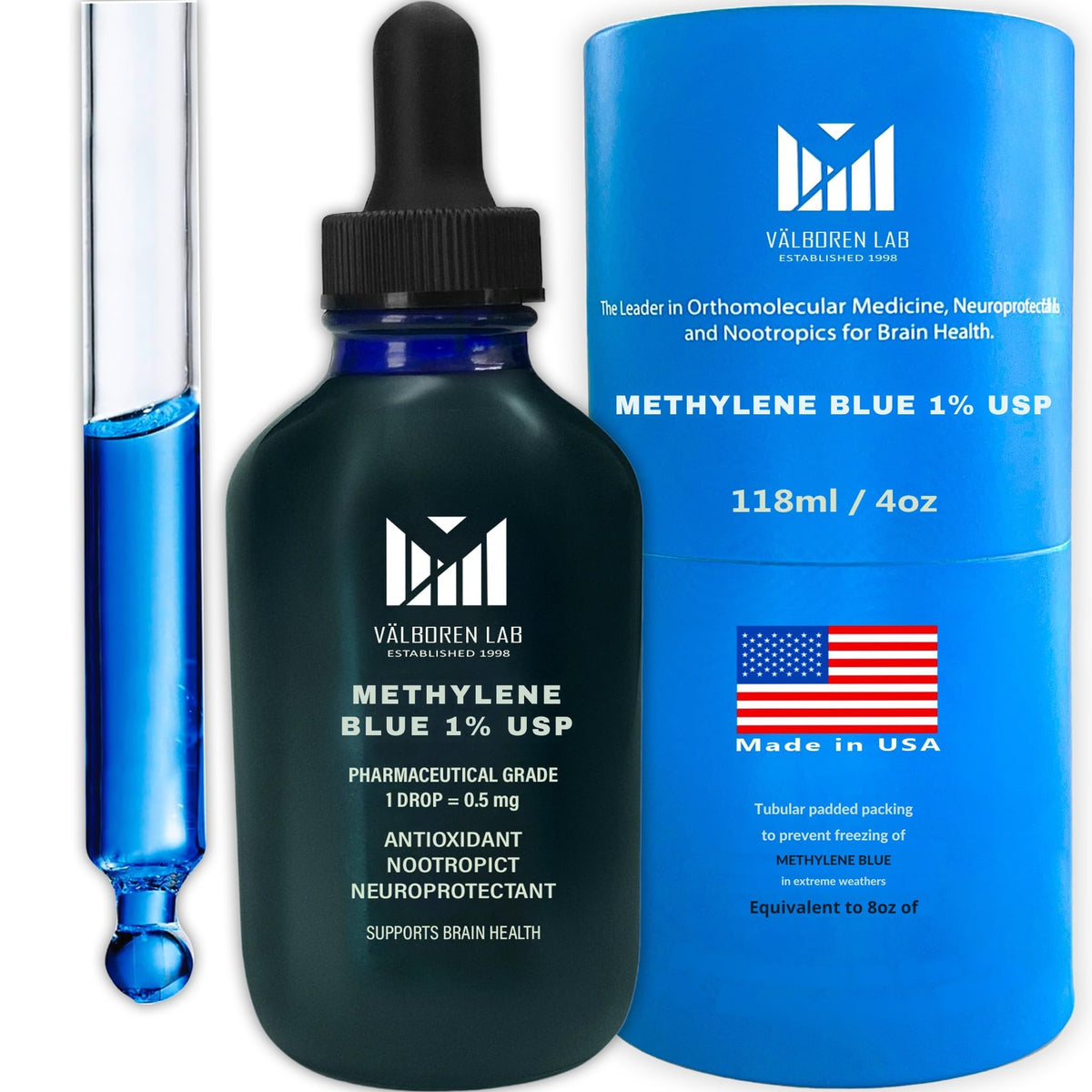 Valboren Labs Methylene Blue 4oz bottle front view for daily wellness support.