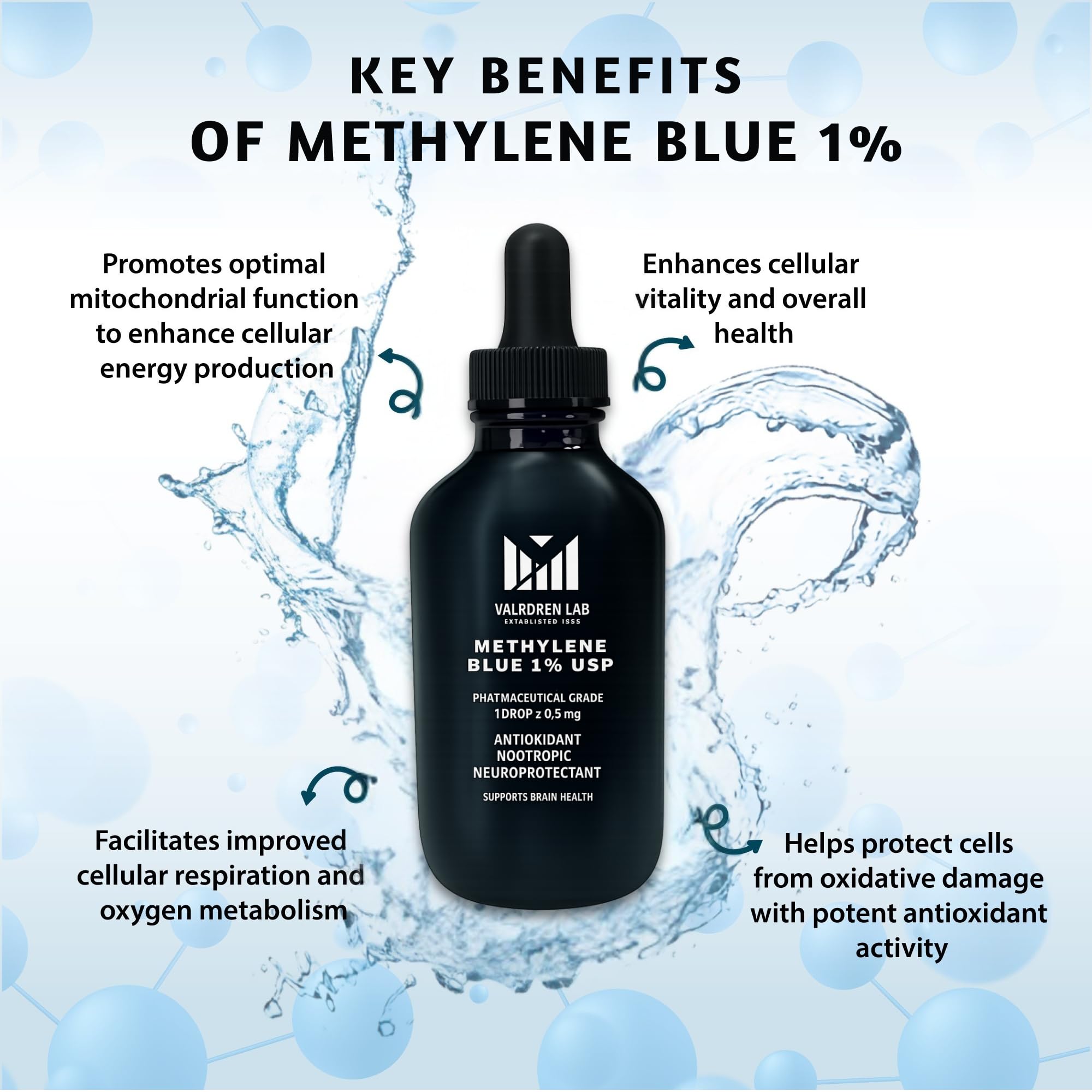Valboren Labs Methylene Blue bottle label showing USP-grade formula and 1% concentration.