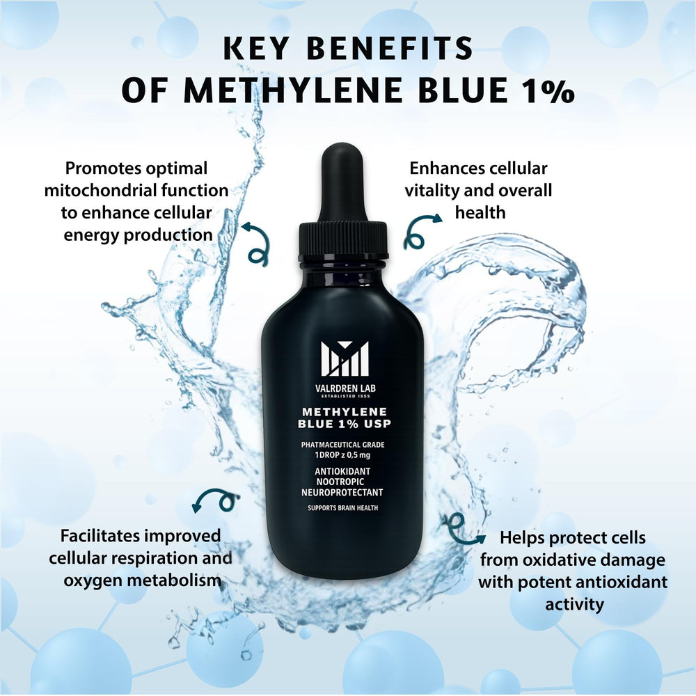 Valboren Labs Methylene Blue bottle label showing USP-grade formula and 1% concentration.