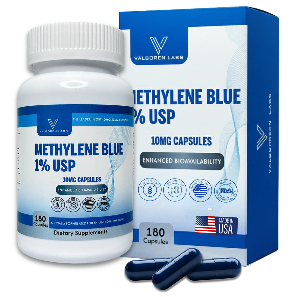 Valboren Labs Methylene Blue bottle front showing 10 mg for daily focus.
