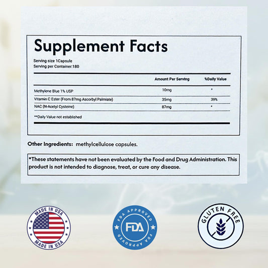 Valboren Labs Methylene Blue bottle label close-up highlighting USP-grade quality.