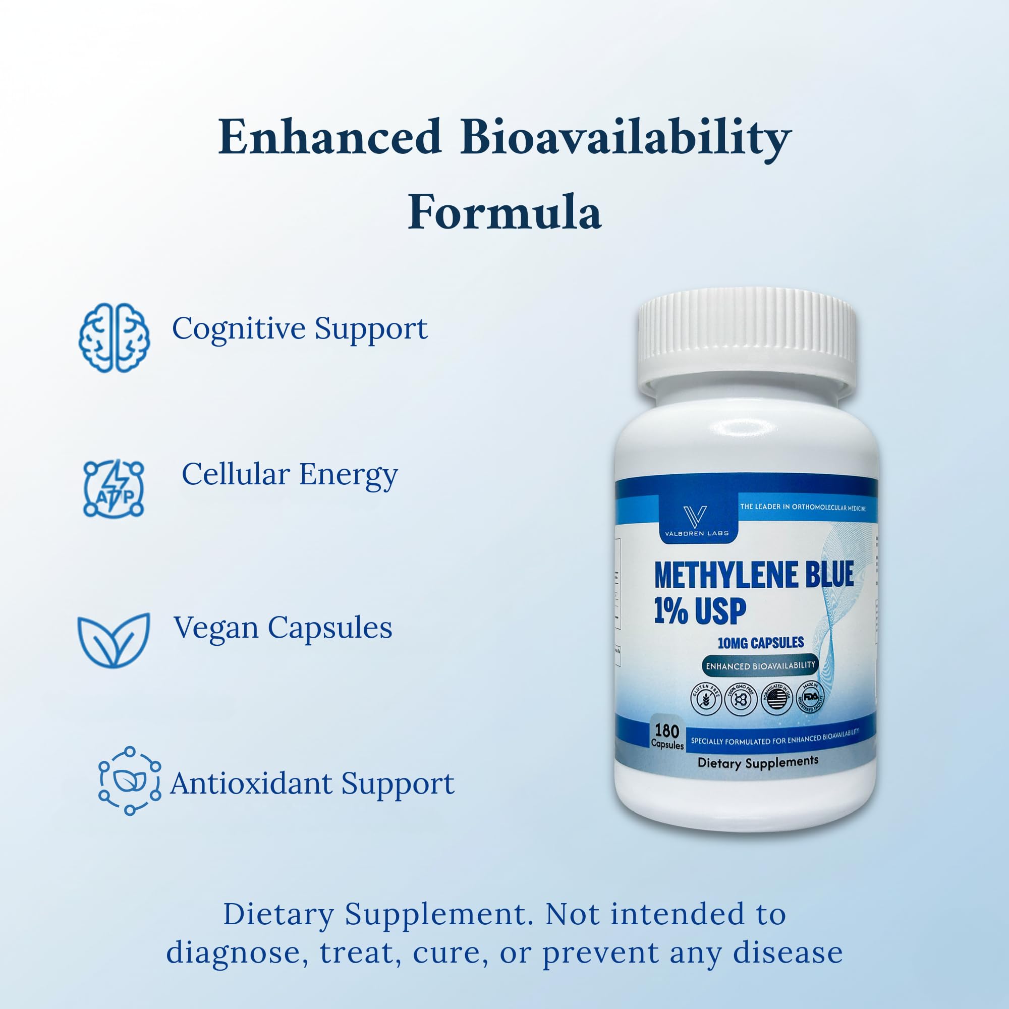 Valboren Labs Methylene Blue capsules close-up for easy daily use.