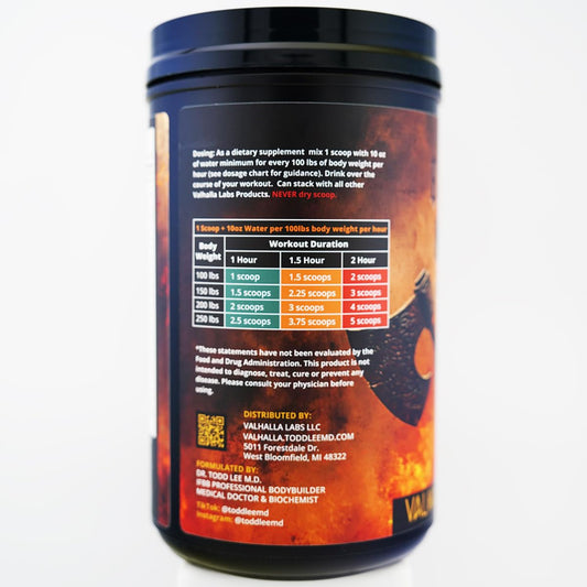 Valhalla Labs Battle Mead scoop next to shaker illustrating fast-absorbing carb blend.